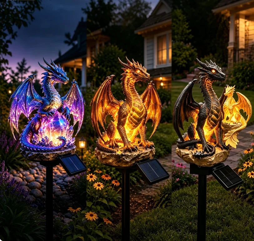 Purple Crystal Dragon Figurine with a Solar-Lit Garden Accent