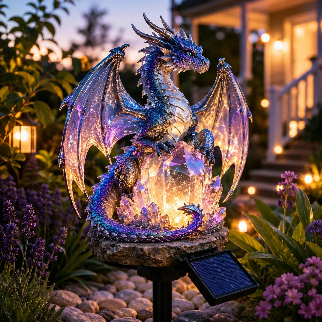 Purple Crystal Dragon Figurine with a Solar-Lit Garden Accent