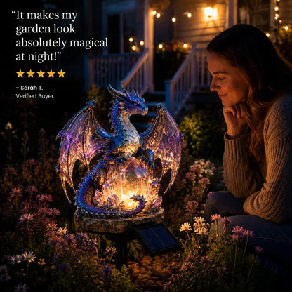 Purple Crystal Dragon Figurine with a Solar-Lit Garden Accent