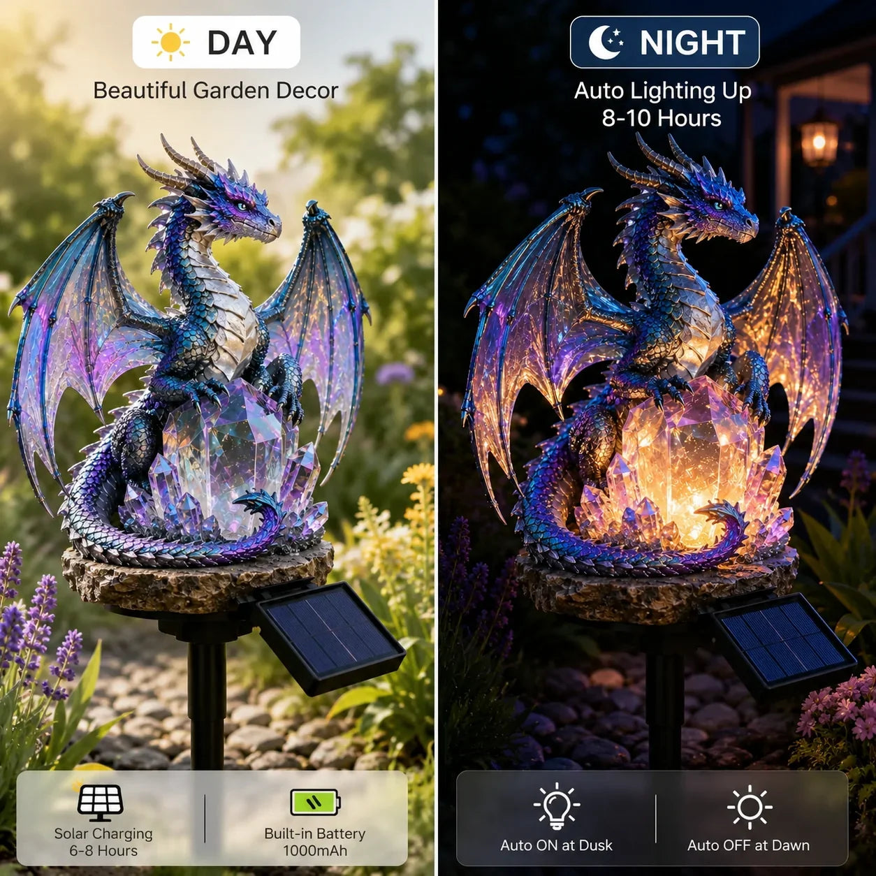 Purple Crystal Dragon Figurine with a Solar-Lit Garden Accent