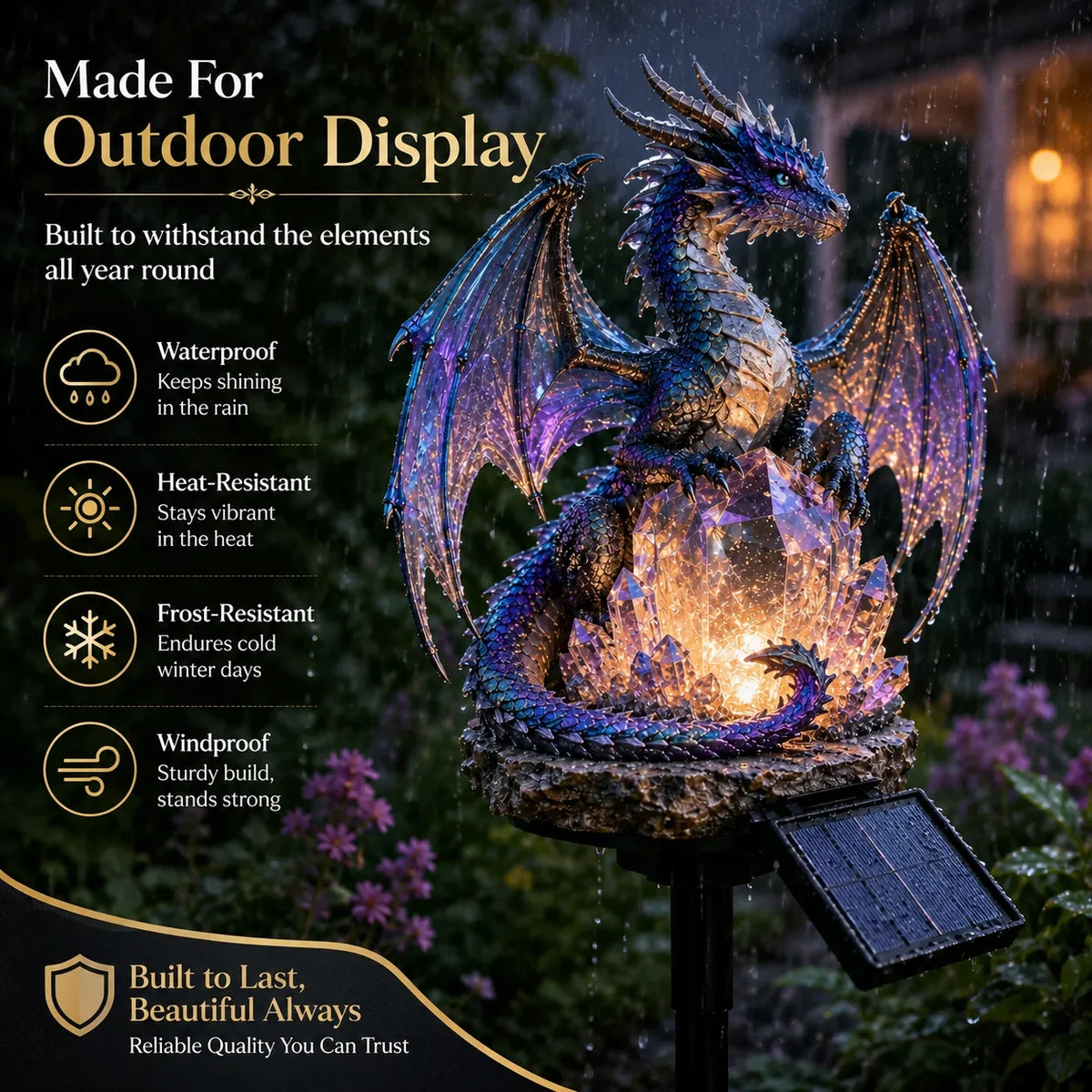 Purple Crystal Dragon Figurine with a Solar-Lit Garden Accent