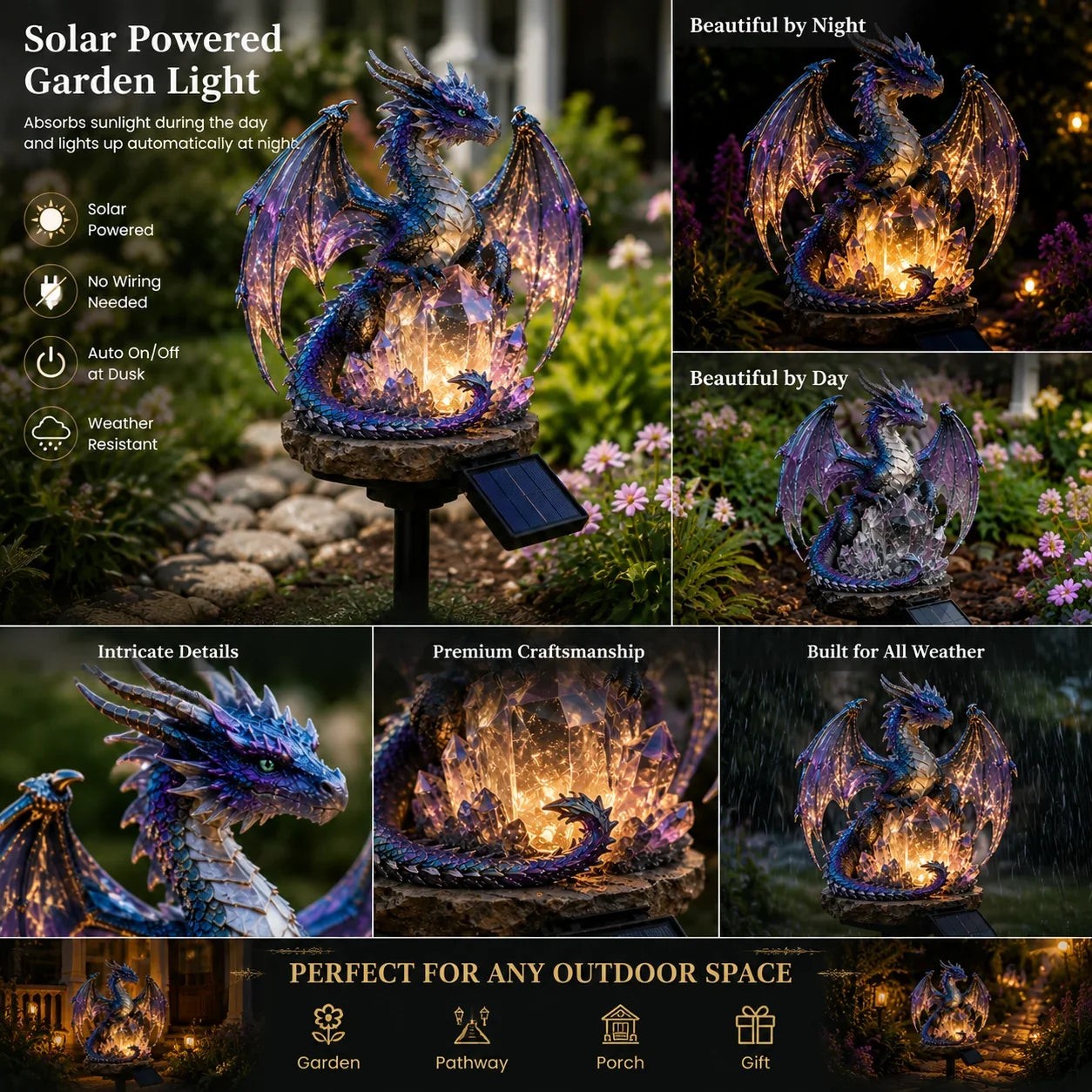 Purple Crystal Dragon Figurine with a Solar-Lit Garden Accent