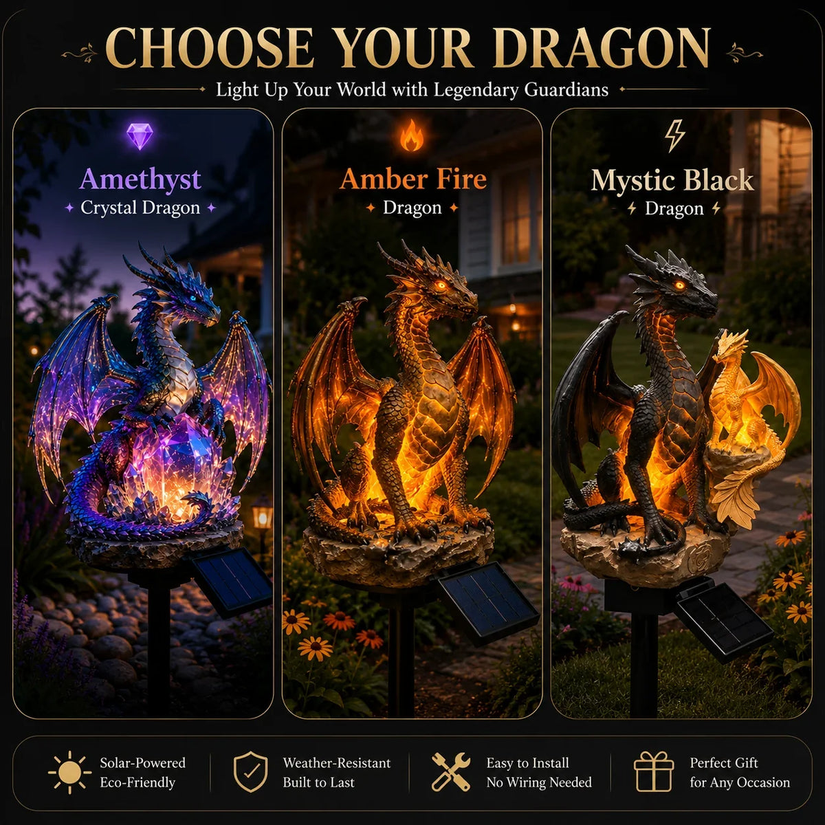 Purple Crystal Dragon Figurine with a Solar-Lit Garden Accent