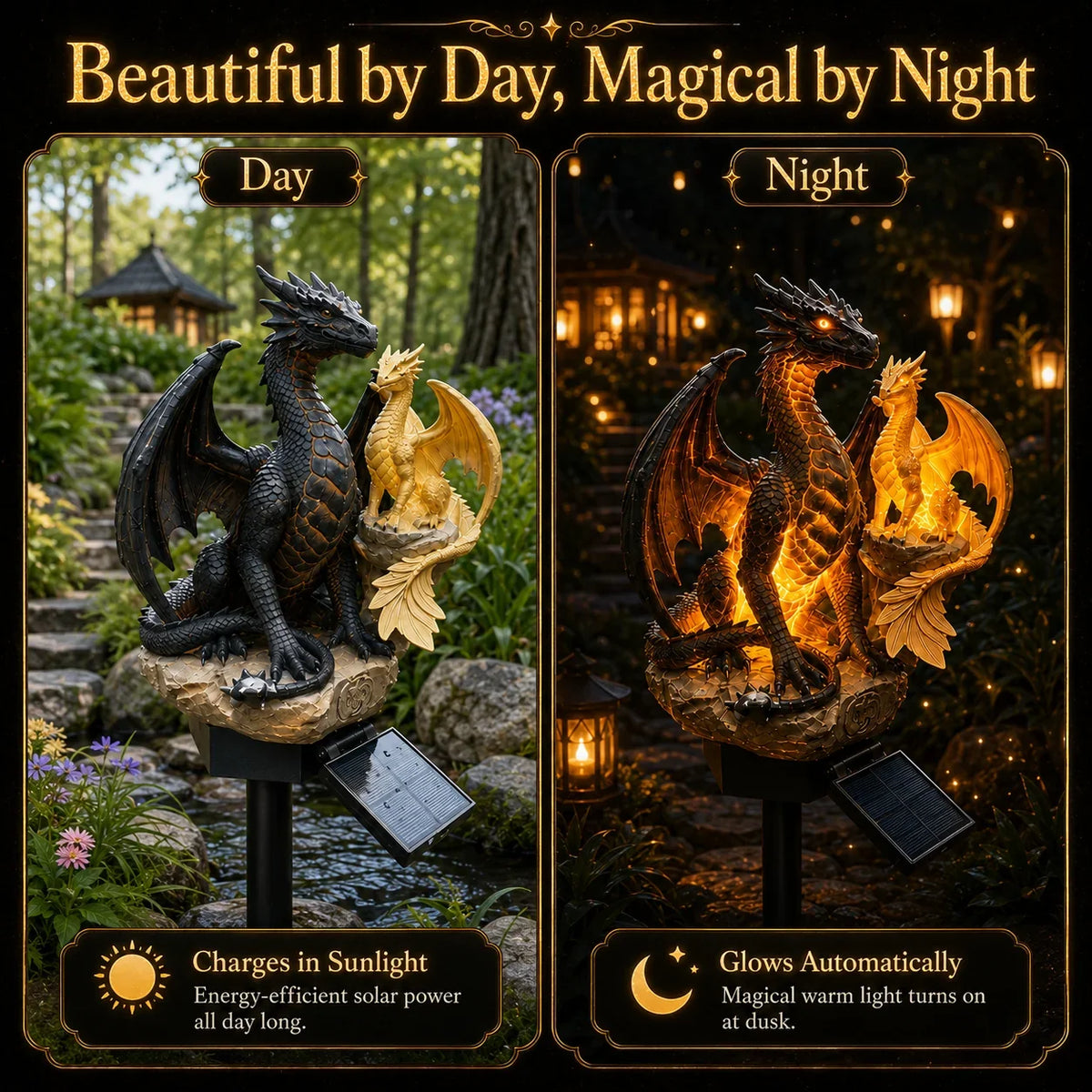 Purple Crystal Dragon Figurine with a Solar-Lit Garden Accent