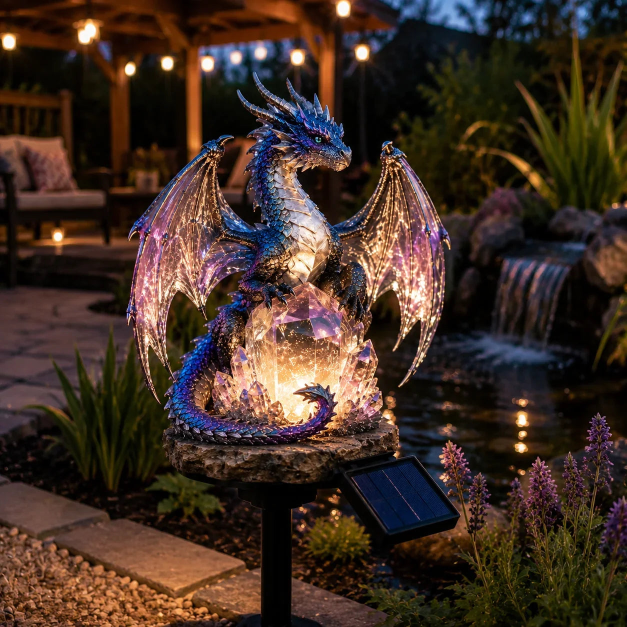 Purple Crystal Dragon Figurine with a Solar-Lit Garden Accent