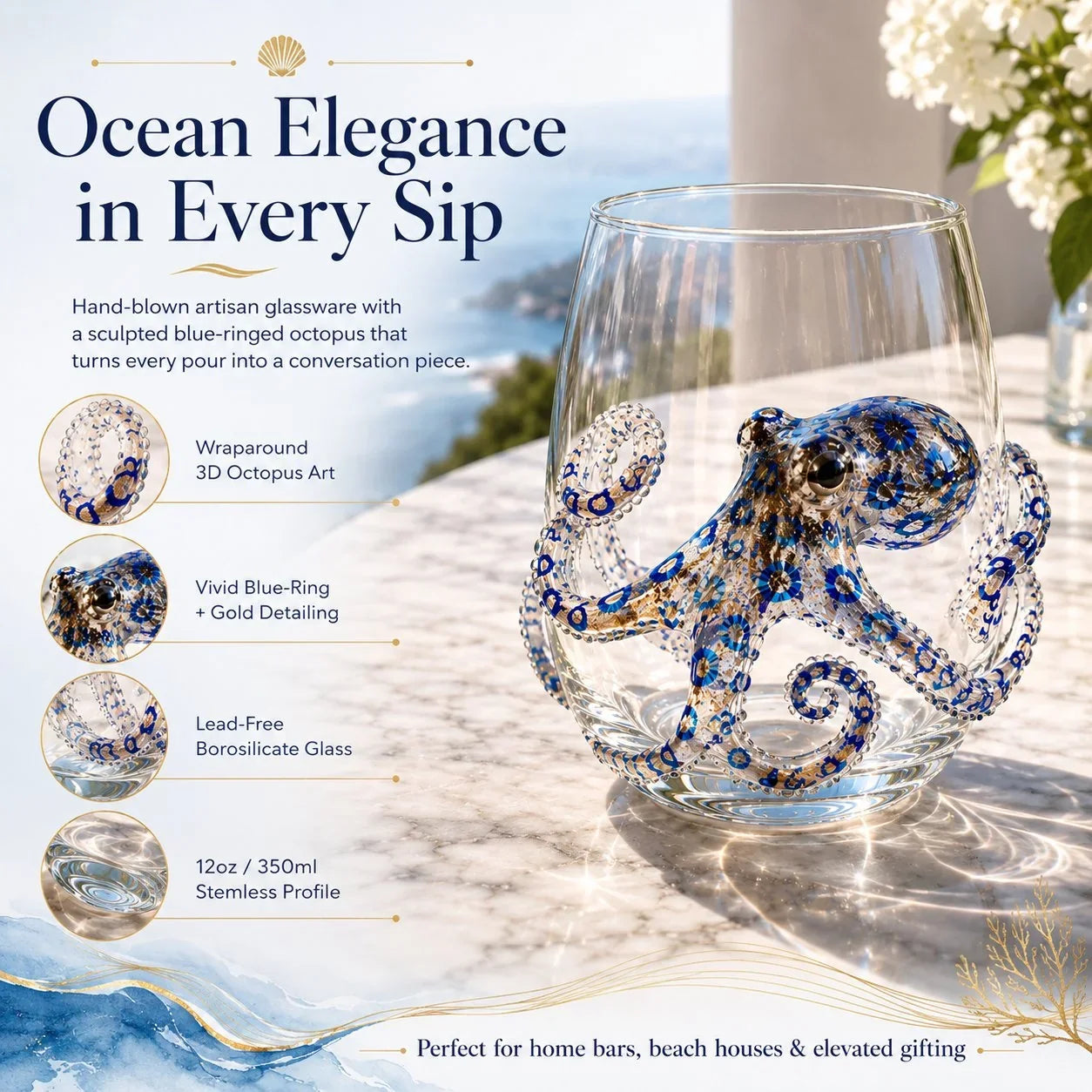 Distinctive Artisanal Blue Ringed Octopus Glassware for Everyday Wear