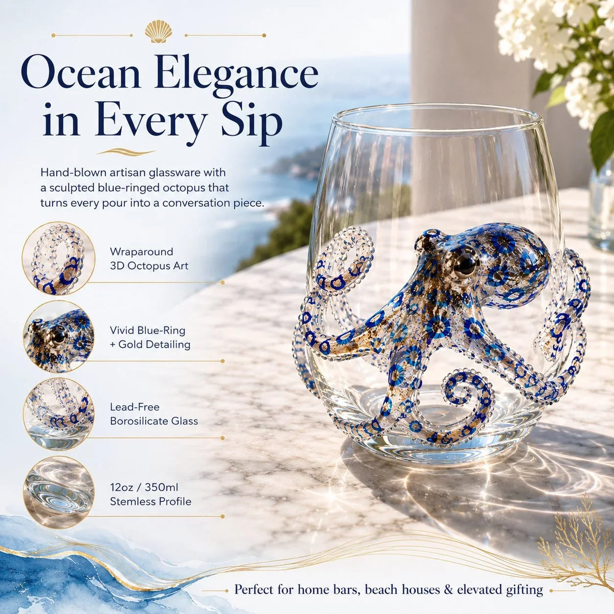 Distinctive Artisanal Blue Ringed Octopus Glassware for Everyday Wear