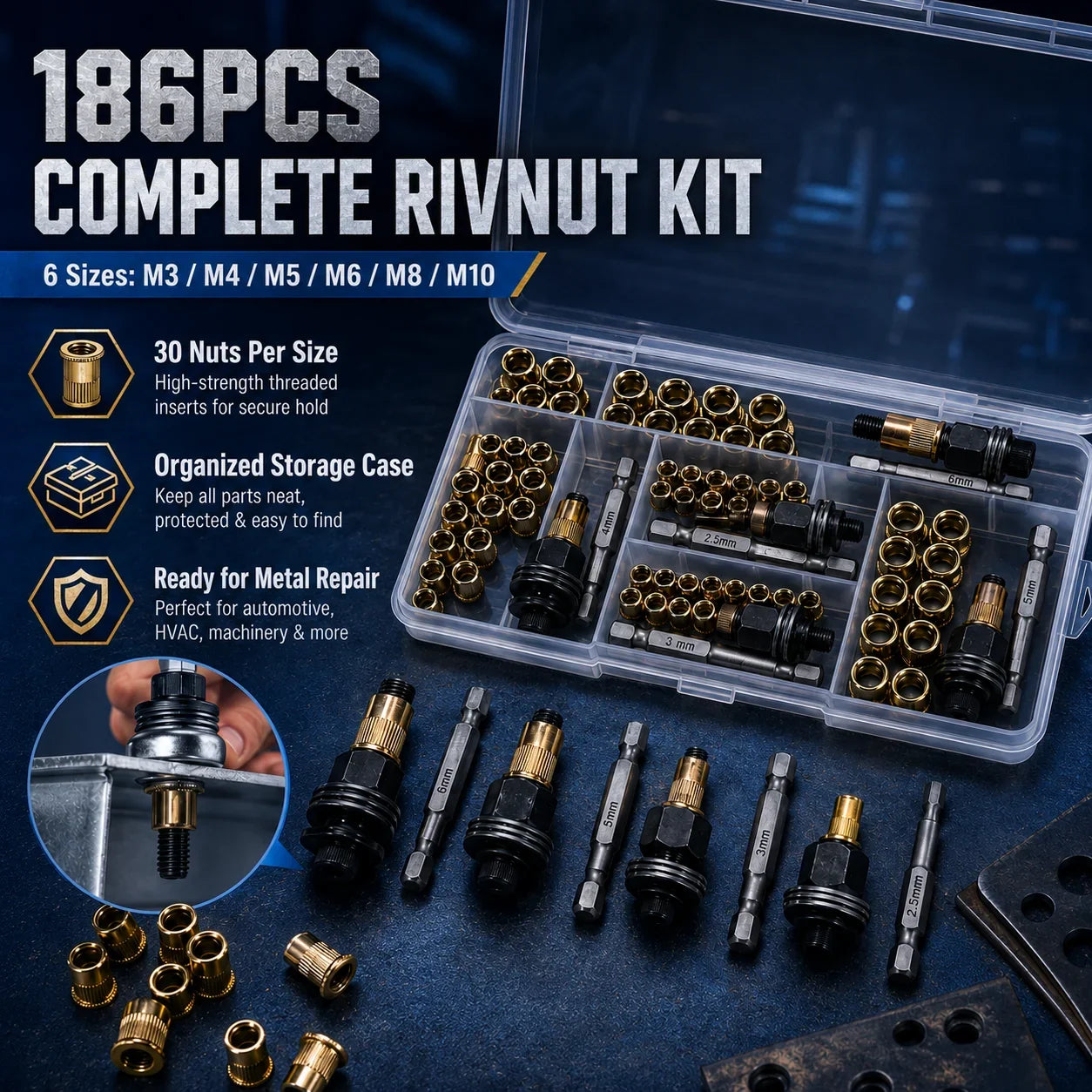 Carbon Steel Rivet Nut Assortment with M3-M8 Threaded Insert Sizes