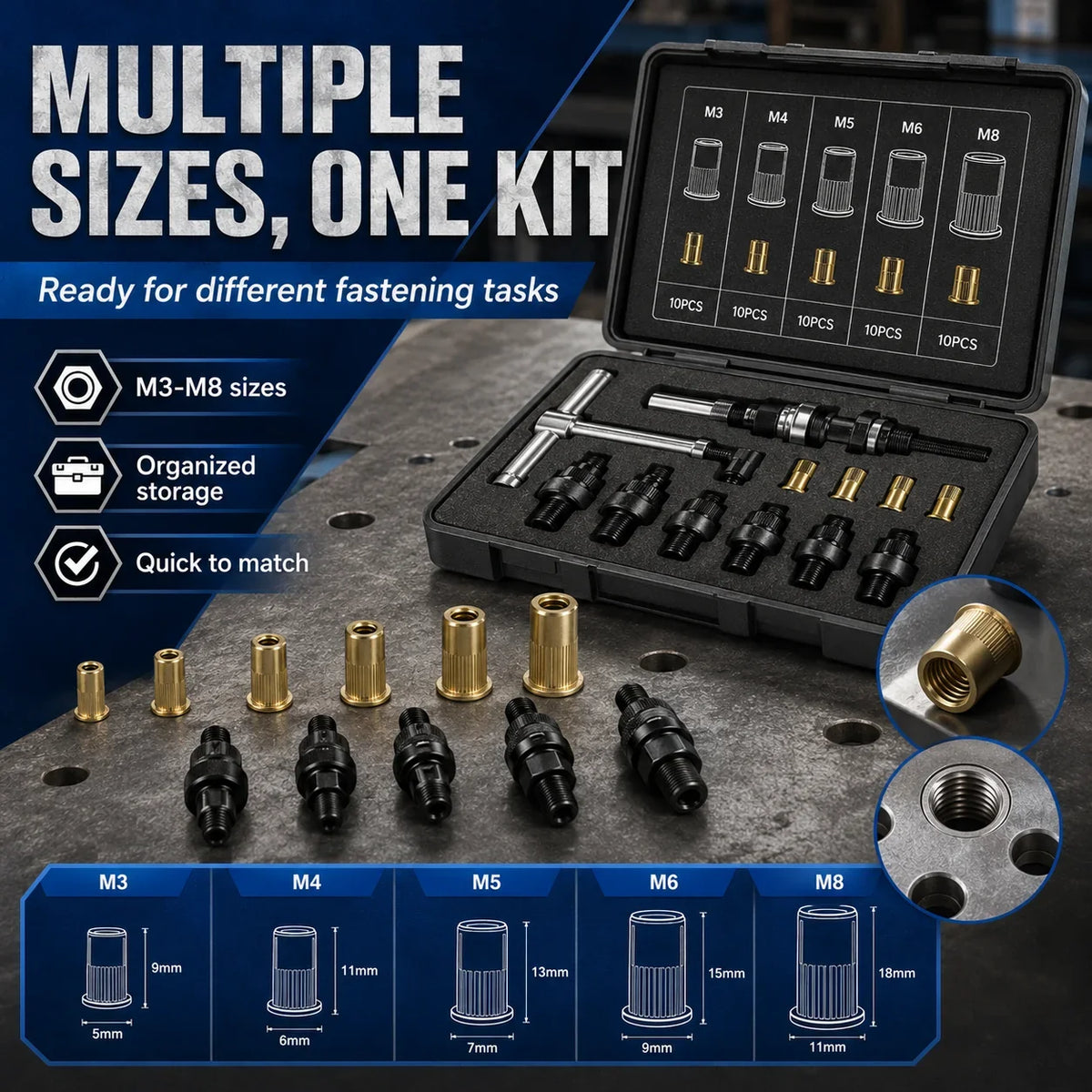 Carbon Steel Rivet Nut Assortment with M3-M8 Threaded Insert Sizes