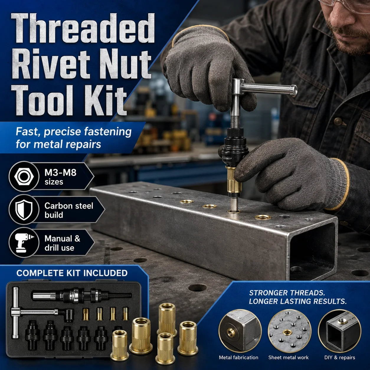 Carbon Steel Rivet Nut Assortment with M3-M8 Threaded Insert Sizes