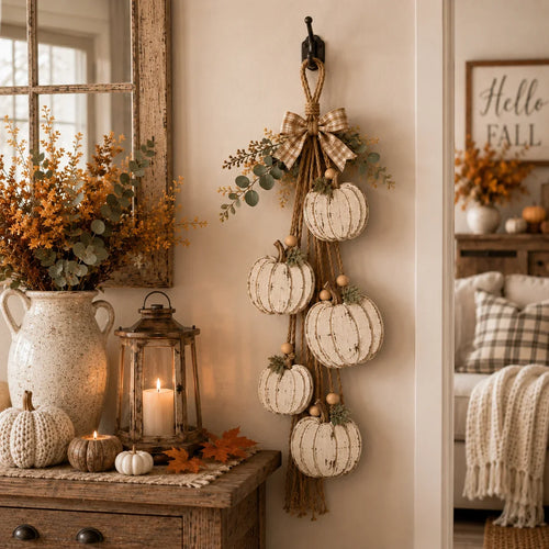 Five-Pumpkin Rustic White Hanging Swag for Fall Decor
