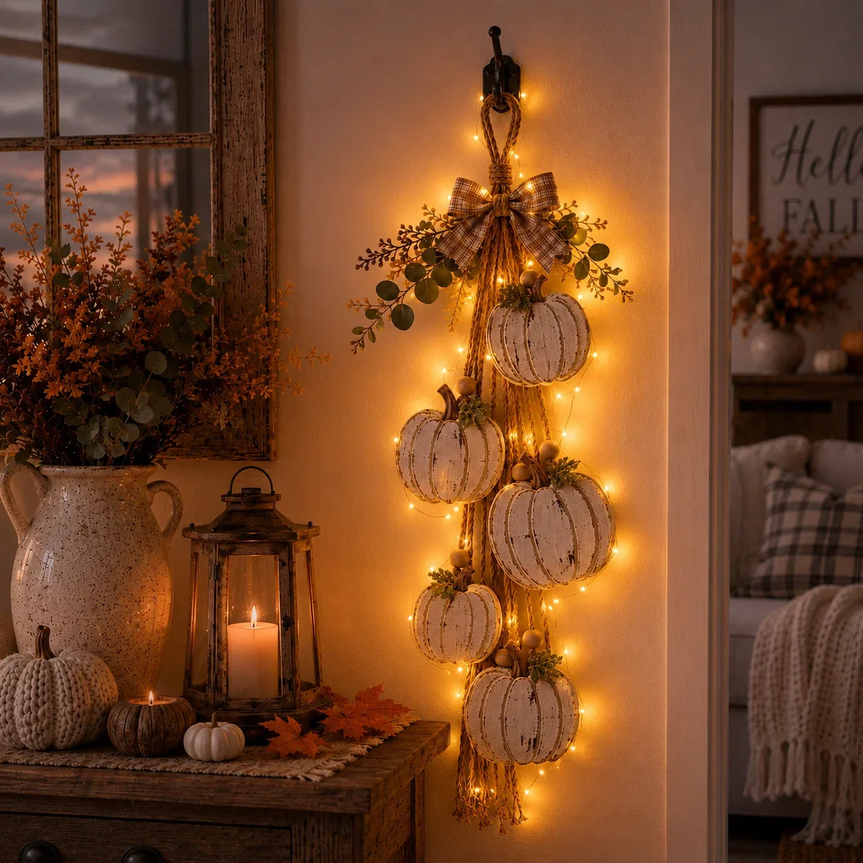 Five-Pumpkin Rustic White Hanging Swag for Fall Decor