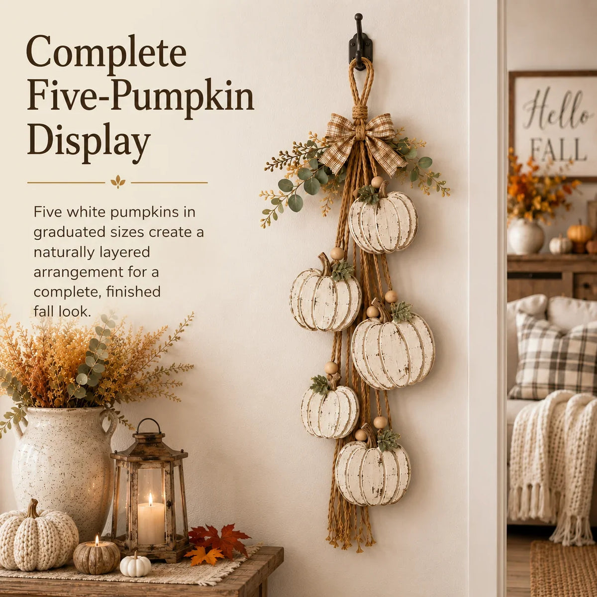 Five-Pumpkin Rustic White Hanging Swag for Fall Decor