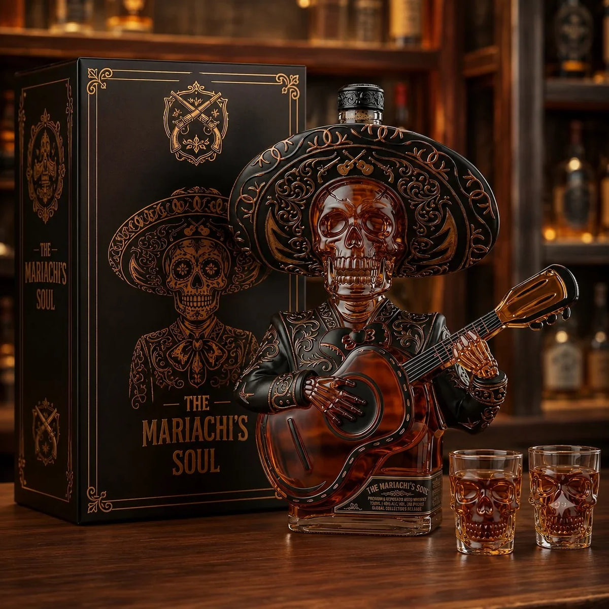 Skeleton Mariachi Spirit Decanter and Glass Display Set