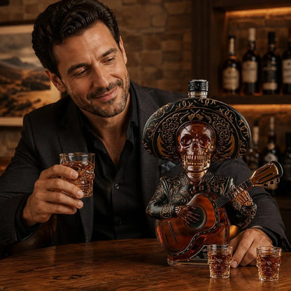 Skeleton Mariachi Spirit Decanter and Glass Display Set