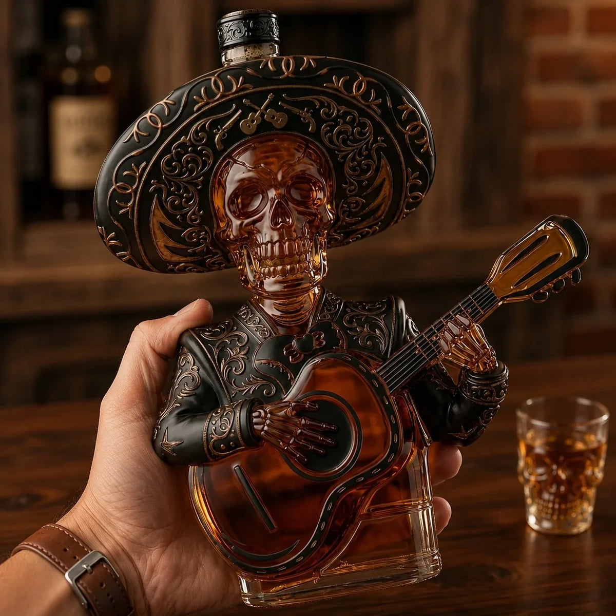 Skeleton Mariachi Spirit Decanter and Glass Display Set