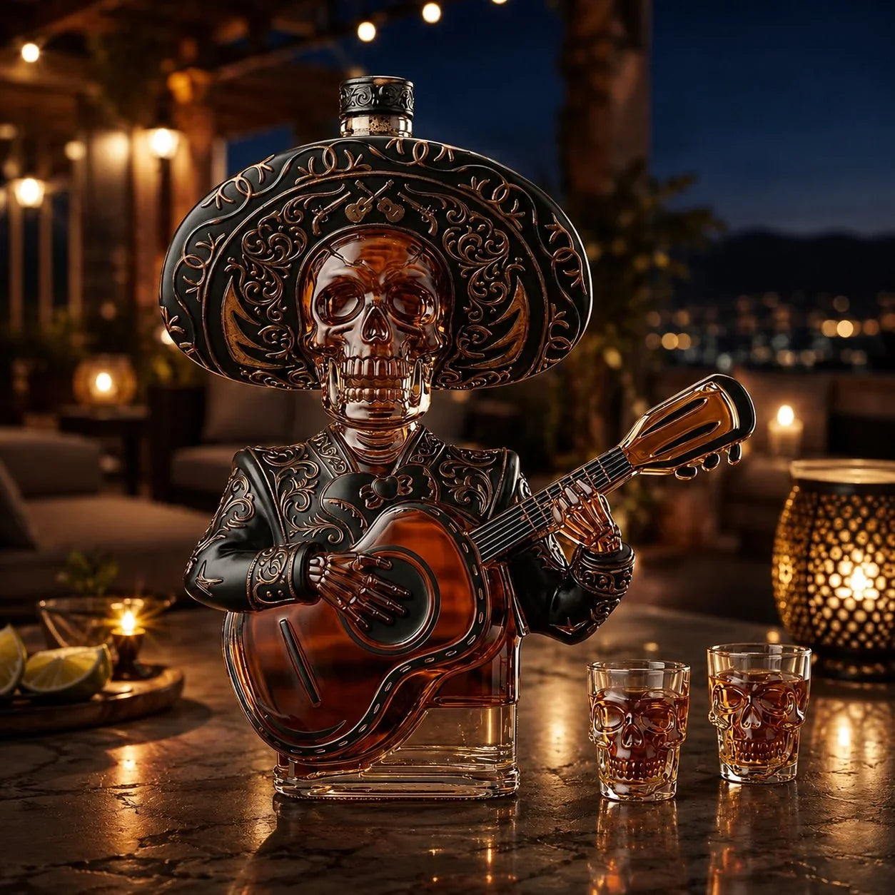Skeleton Mariachi Spirit Decanter and Glass Display Set