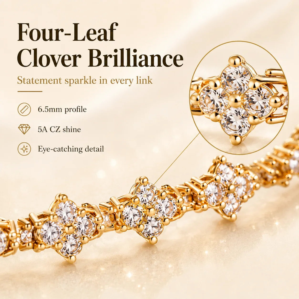 Distinctive Gold Tennis Bracelet 6.5mm – CZ Clover Design