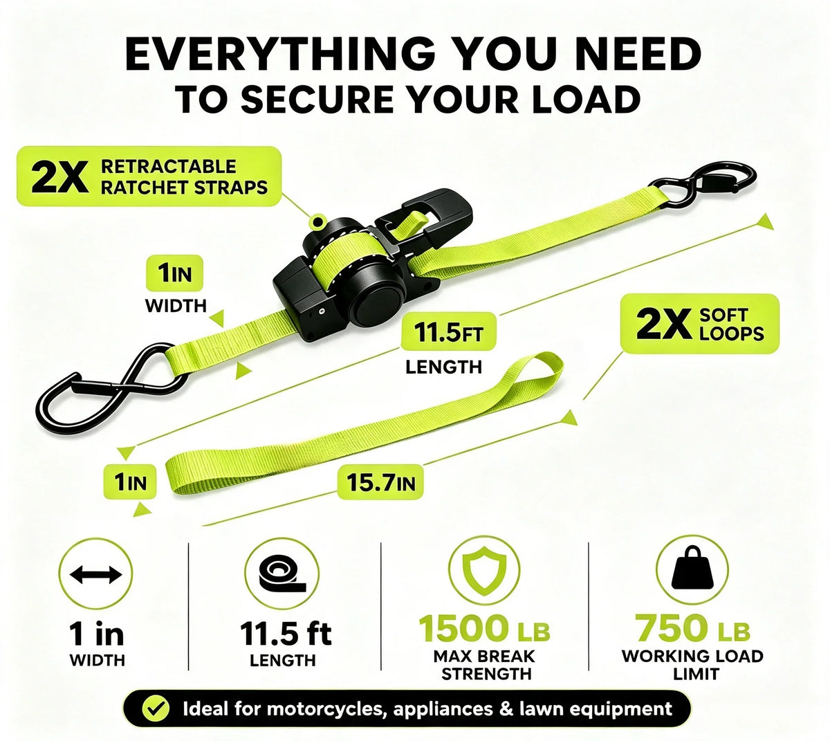Purpose-Built Green Ratchet Straps 11.5ft – 1500LB Hold for Moves &