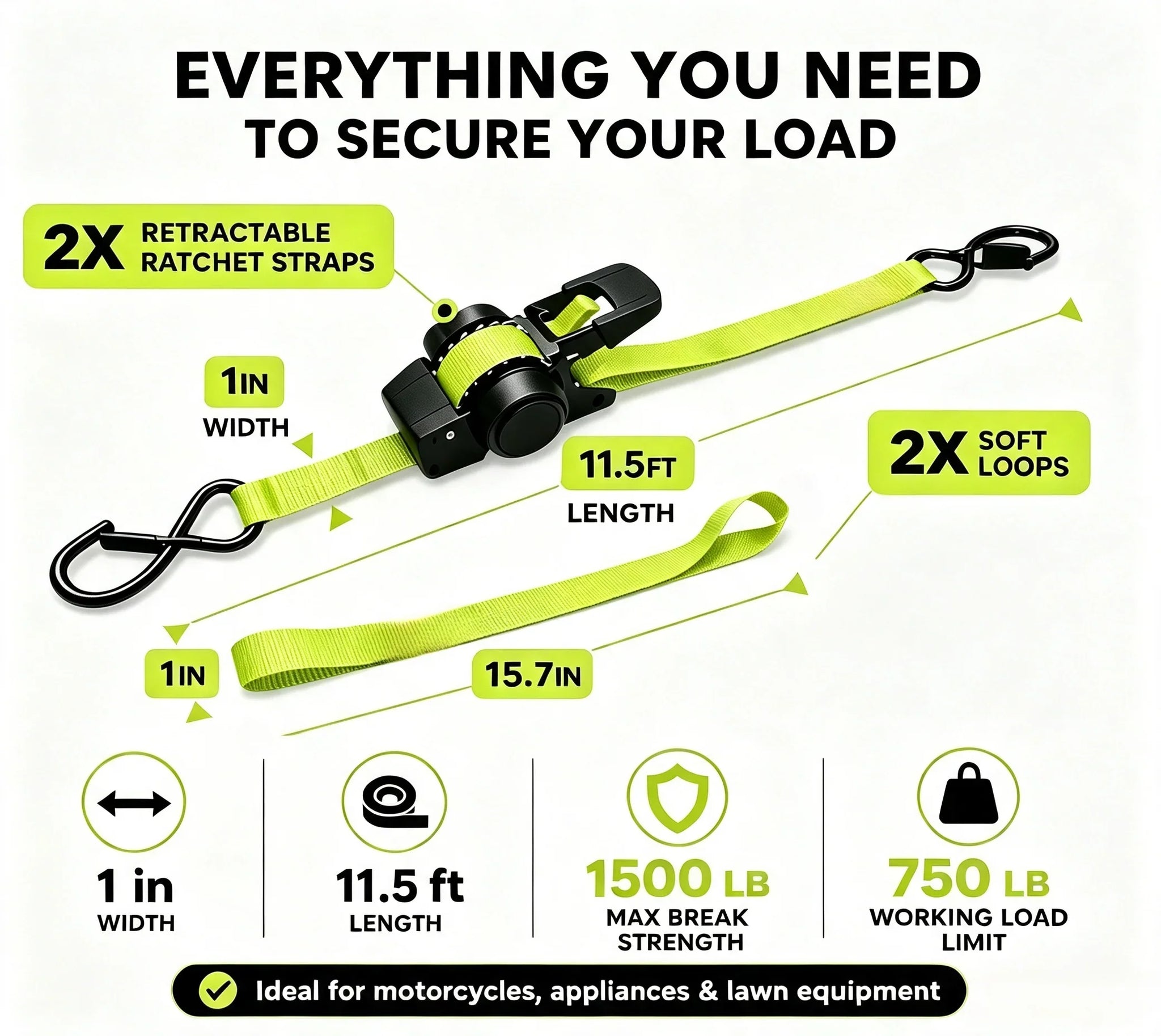 Purpose-Built Green Ratchet Straps 11.5ft – 1500LB Hold for Moves &