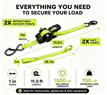 Purpose-Built Green Ratchet Straps 11.5ft – 1500LB Hold for Moves &