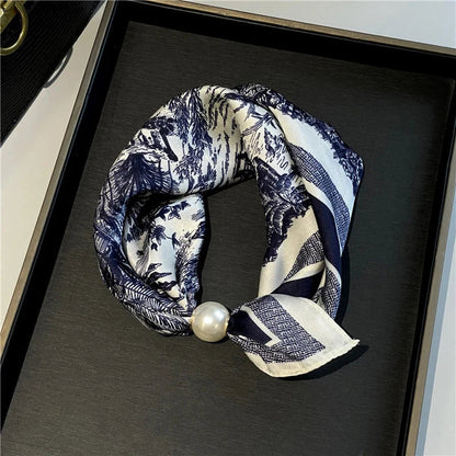 Printed Scarf with an Elegant Pearl Buckle Closure