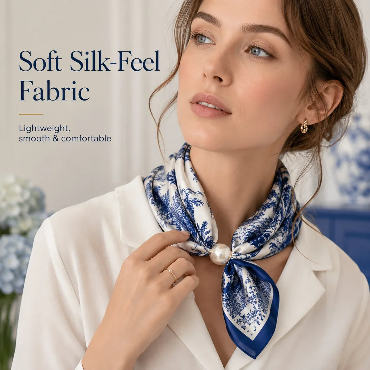 Printed Scarf with an Elegant Pearl Buckle Closure