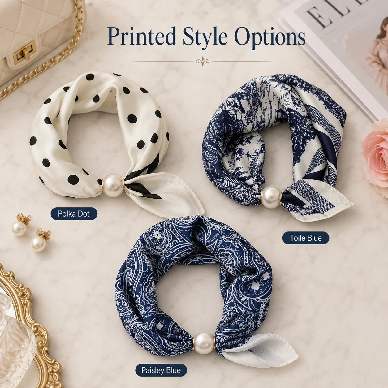 Printed Scarf with an Elegant Pearl Buckle Closure
