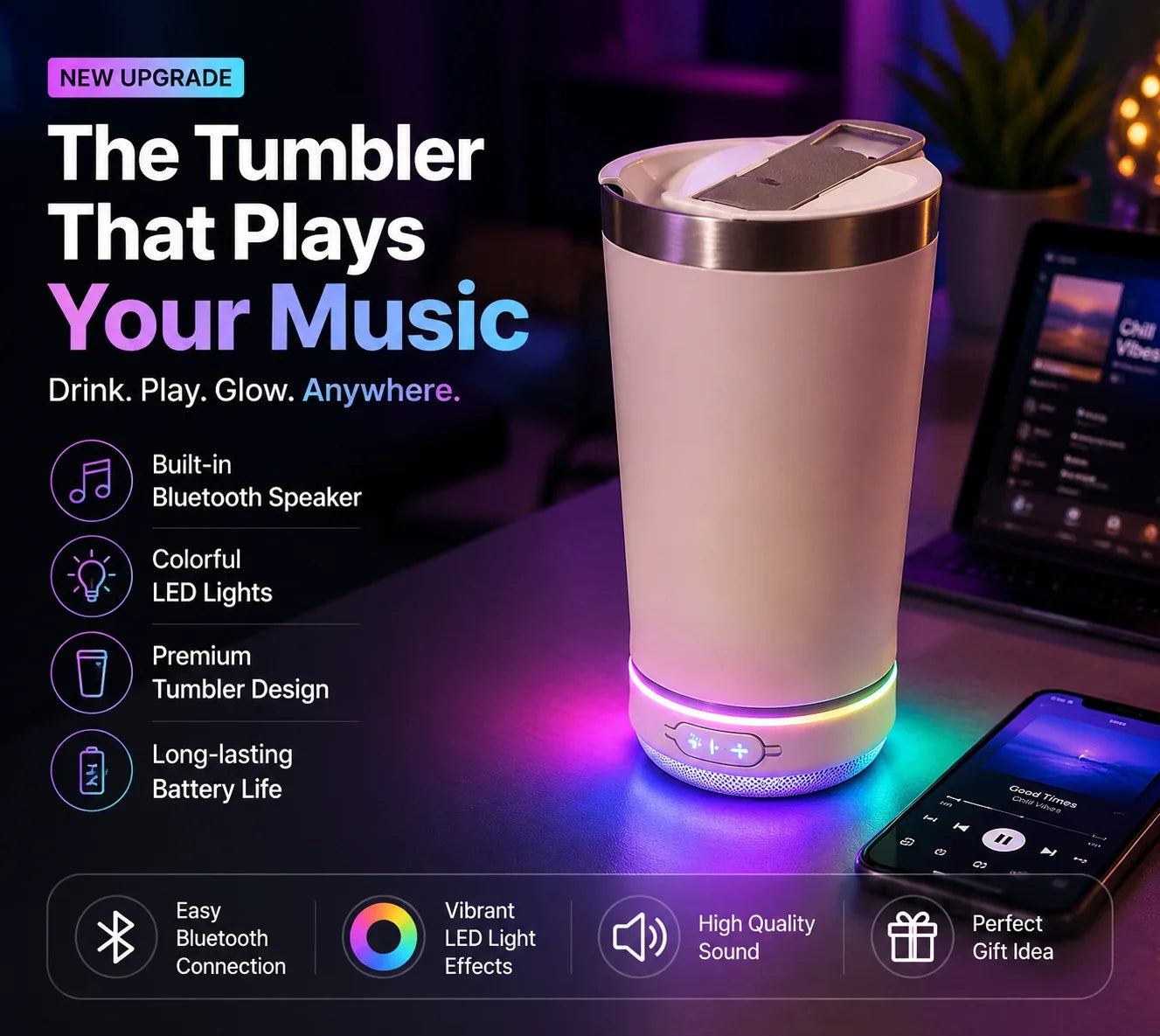 Music Tumbler with Bluetooth Audio and Color-Changing LEDs