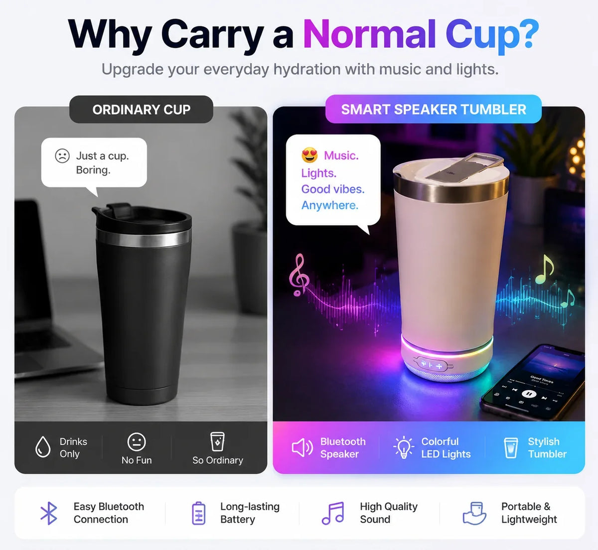 Music Tumbler with Bluetooth Audio and Color-Changing LEDs