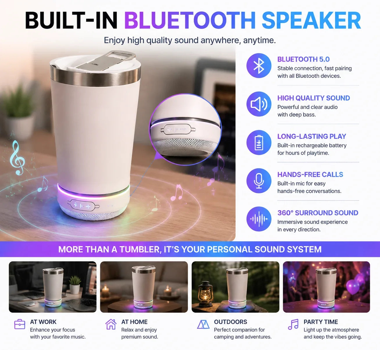 Music Tumbler with Bluetooth Audio and Color-Changing LEDs