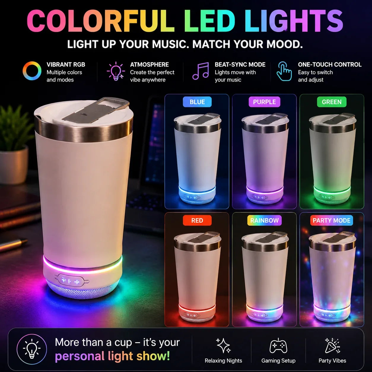 Music Tumbler with Bluetooth Audio and Color-Changing LEDs