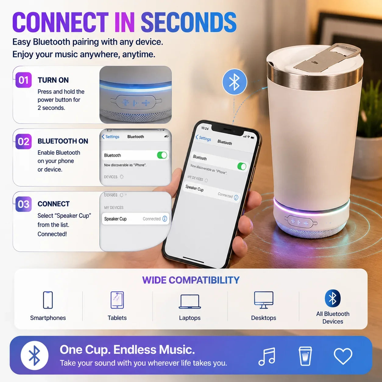 Music Tumbler with Bluetooth Audio and Color-Changing LEDs