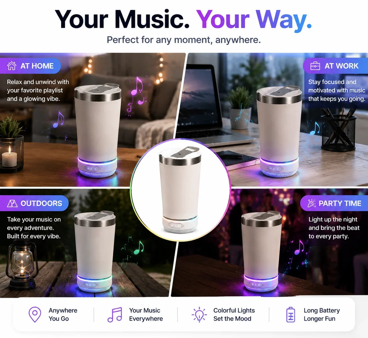 Music Tumbler with Bluetooth Audio and Color-Changing LEDs