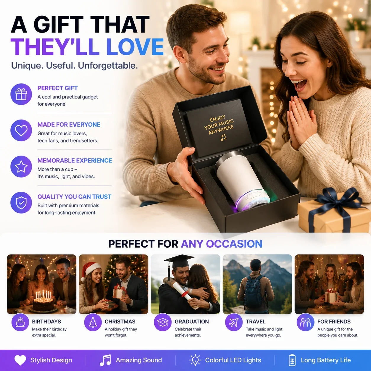Music Tumbler with Bluetooth Audio and Color-Changing LEDs