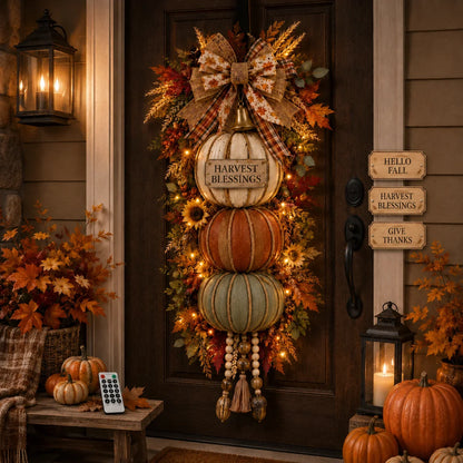 Three-Plaque Lighted Pumpkin Tower for Seasonal Door Displays