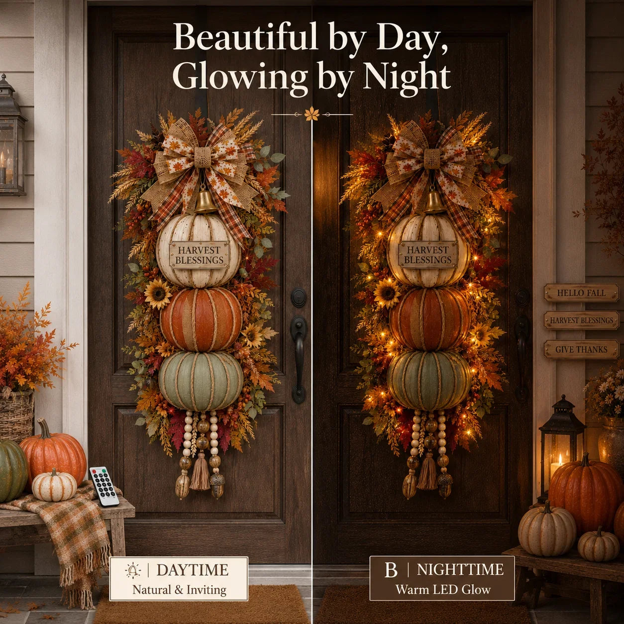 Three-Plaque Lighted Pumpkin Tower for Seasonal Door Displays