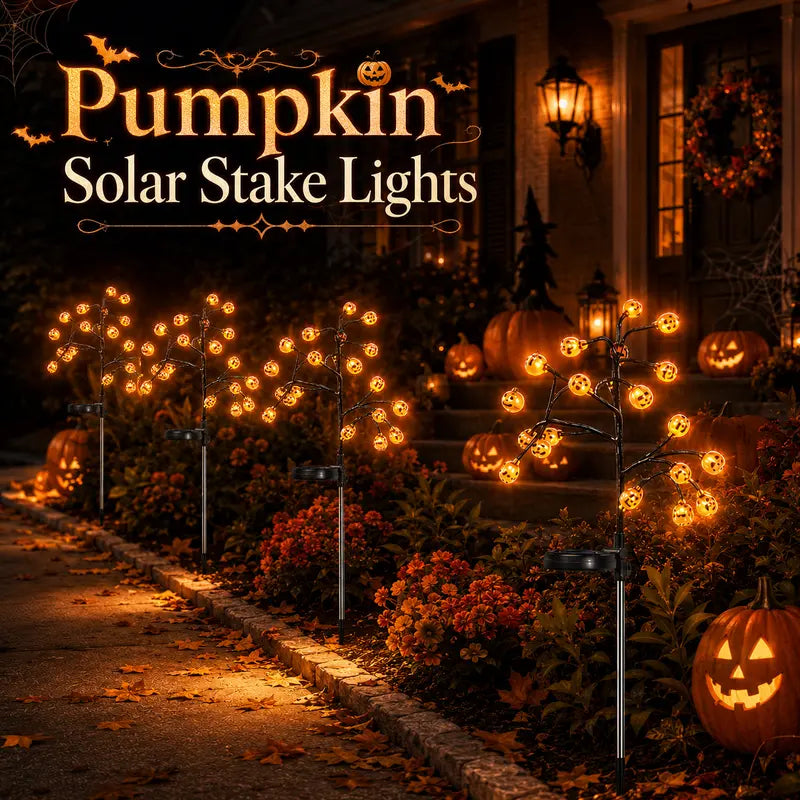 Four Solar Pumpkin Stakes for Lighting an Outdoor Halloween Display