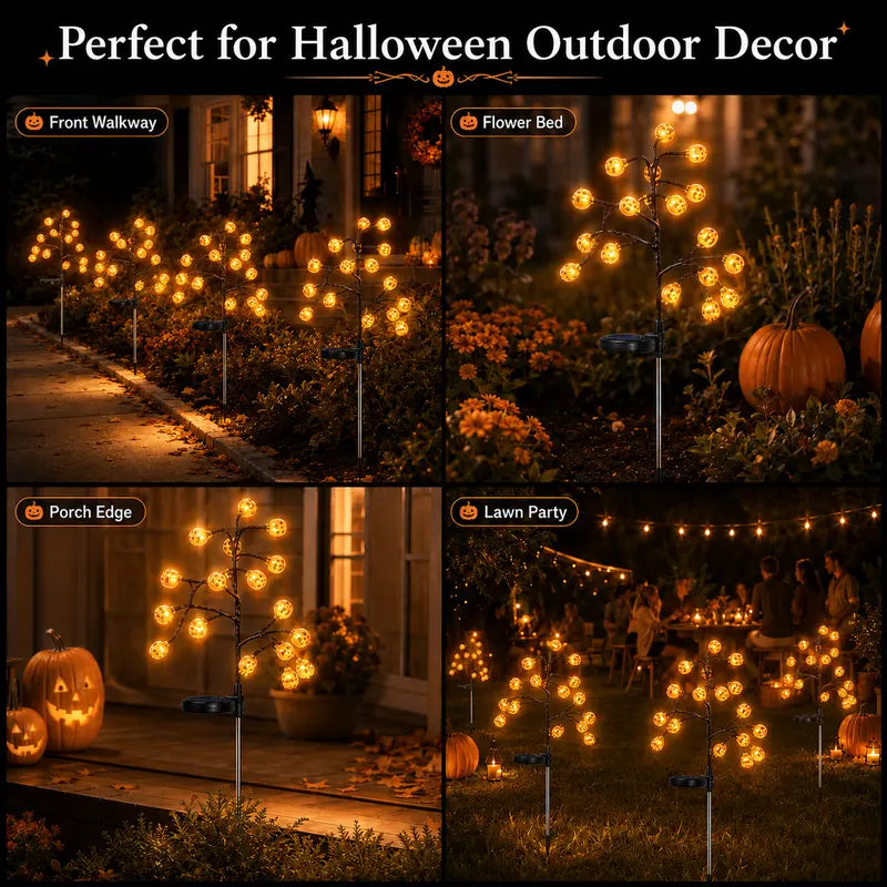 Four Solar Pumpkin Stakes for Lighting an Outdoor Halloween Display