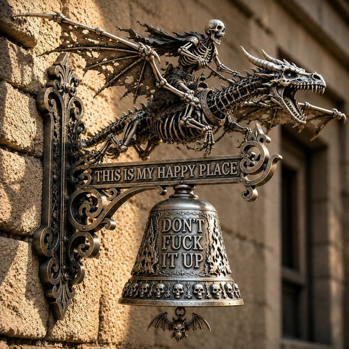 Dragon Rider Skull Wall Bell with Happy Place Message