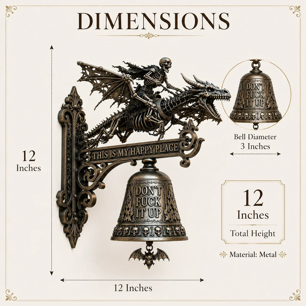 Dragon Rider Skull Wall Bell with Happy Place Message
