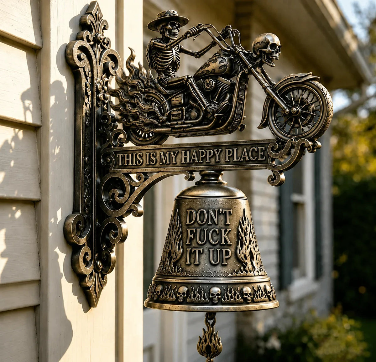 Dragon Rider Skull Wall Bell with Happy Place Message