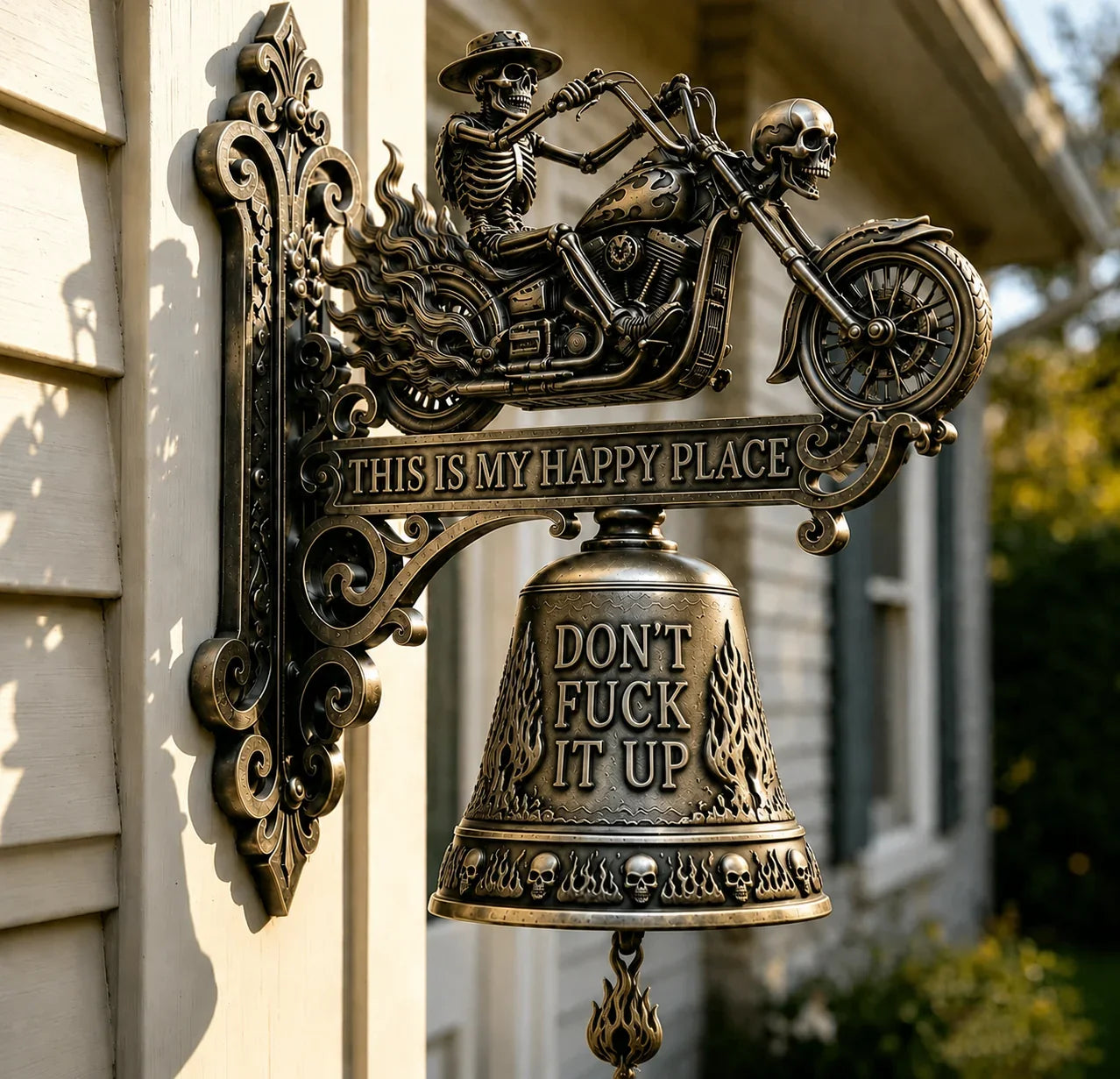 Dragon Rider Skull Wall Bell with Happy Place Message
