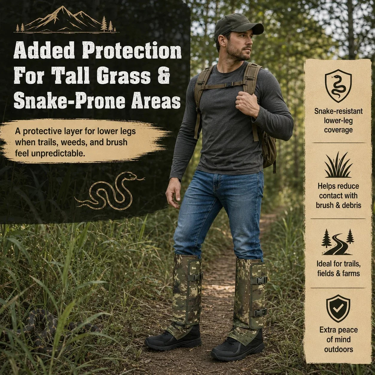 Outdoor Snake-Resistant Calf Gaiters for Brush and Trail Protection