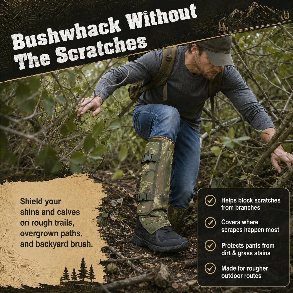 Outdoor Snake-Resistant Calf Gaiters for Brush and Trail Protection
