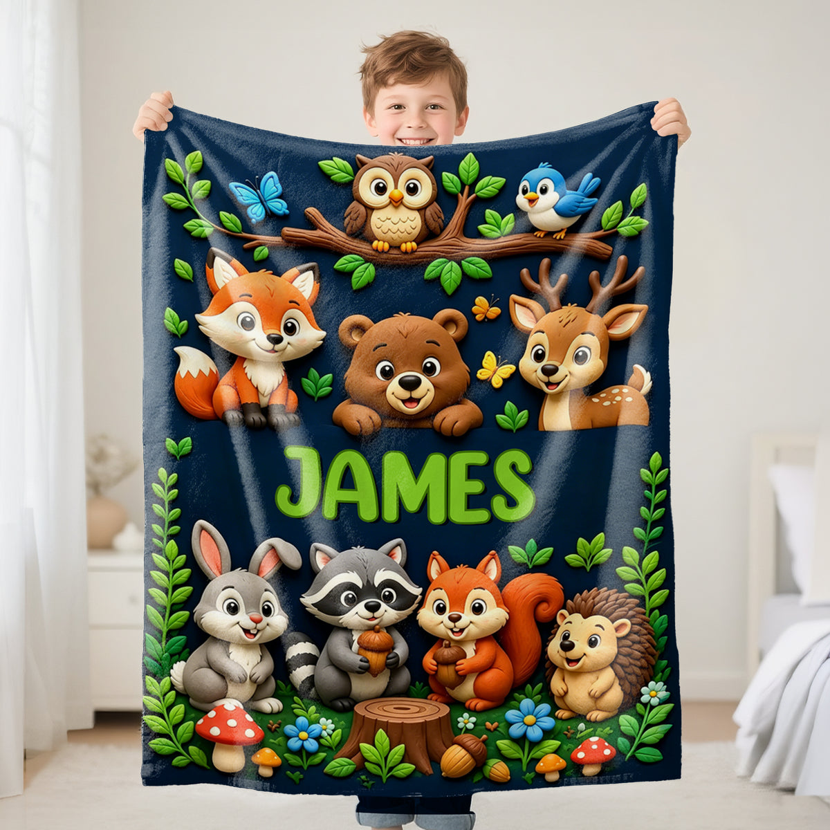 Personalized Cute Woodland Animal Truck Fantasy Cartoon Theme Design Soft Throw Blanket with Name Room Decor Daily Use Birthday Gift for Kids