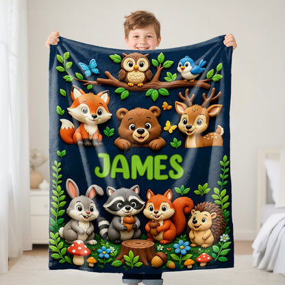 Personalized Cute Woodland Animal Truck Fantasy Cartoon Theme Design Soft Throw Blanket with Name Room Decor Daily Use Birthday Gift for Kids