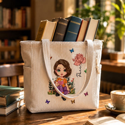 Personalized Cartoon Reading Character Birth Flower Large Capacity Corduroy Tote Bag with Name Travel Essential Birthday Gift for Book Lover Bookworm