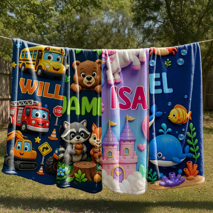 Personalized Cute Woodland Animal Truck Fantasy Cartoon Theme Design Soft Throw Blanket with Name Room Decor Daily Use Birthday Gift for Kids